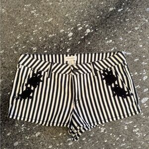 Forever 21 Black and White Striped Denim Shorts with Black Floral Appliqué